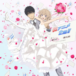 Rule 34 | 1boy, 1girl, bare arms, bare shoulders, black hair, bouquet, breasts, bridal veil, bride, brown eyes, carrying, choker, dress, dutch angle, flower, frills, highres, iwanaga kotoko, key visual, kyokou suiri, lace, lace choker, light brown hair, looking at viewer, official art, open mouth, pantyhose, petals, pink flower, pink rose, princess carry, promotional art, purple eyes, red flower, red rose, rose, sakuragawa kurou, shaded face, short hair, simple background, small breasts, strapless, strapless dress, translation request, tuxedo, veil, wedding dress, white dress, white footwear, white pantyhose
