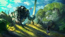 Rule 34 | 1girl, black hair, blue dress, cloud, cloudy sky, commentary request, day, dress, fillsupply, flower, grass, hair flower, hair ornament, holding, holding weapon, huge weapon, korean commentary, long hair, mechanical, nature, original, outdoors, overgrown, robot, rock, scenery, sky, weapon