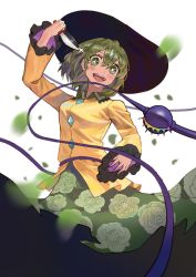 Rule 34 | + +, 1girl, :d, black hat, blurry, blurry foreground, blush, collared shirt, green eyes, green hair, green skirt, hat, highres, holding, holding knife, knife, komeiji koishi, leaf, long sleeves, looking at viewer, open mouth, shirt, short hair, simple background, skirt, smile, solo, sun hat, teasmacker, touhou, white background, yellow shirt