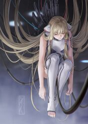 Rule 34 | 1girl, absurdres, android, arm tattoo, bare arms, bare shoulders, blonde hair, bodysuit, breasts, cable, chobits, closed eyes, closed mouth, commentary, feet, freya (chobits), hair tubes, hanging, highres, kotikomori, long hair, mechanical spine, robot ears, small breasts, solo, tattoo, thighhighs, tiptoes, toenails, toes, very long hair, white bodysuit, white thighhighs