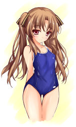 Rule 34 | 10s, 1girl, ano natsu de matteru, arms behind back, blue one-piece swimsuit, blush, brown eyes, brown hair, closed mouth, competition school swimsuit, hair ribbon, hayakawa harui, long hair, one-piece swimsuit, pink eyes, ribbon, school swimsuit, smile, solo, swimsuit, thigh gap, thighs, twintails, yamano remon