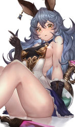Rule 34 | 1girl, absurdres, animal ears, backless dress, backless outfit, bare legs, bare shoulders, black gloves, blue hair, blue skirt, breasts, commentary request, dress, erune, ferry (granblue fantasy), flask, frilled gloves, frills, from below, gloves, granblue fantasy, hair between eyes, highres, ikusaneko, index finger raised, long hair, looking at viewer, medium breasts, open mouth, piercing, rabbit ears, sideboob, sideless outfit, simple background, sitting, skirt, solo, sword, thighs, wavy hair, weapon, yellow eyes