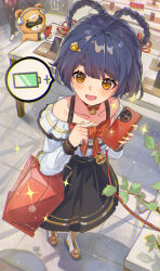 Rule 34 | 1girl, absurdres, alternate costume, bag, blue hair, blush, casual, cellphone, choker, collarbone, dress, genshin impact, guoba (genshin impact), hair ornament, hair rings, hairclip, headphones, highres, holding, holding phone, indoors, long sleeves, looking at viewer, nail polish, open mouth, panda, phone, shop, short eyebrows, smartphone, smile, solo, sparkle, table, thick eyebrows, xiangling (genshin impact), xude, yellow eyes