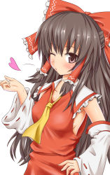 Rule 34 | 1girl, ascot, blowing kiss, blush, bow, breasts, brown eyes, brown hair, detached sleeves, female focus, gin&#039;you haru, hair bow, hakurei reimu, hand on own hip, heart, highres, japanese clothes, long hair, looking at viewer, medium breasts, miko, no bra, one eye closed, parted lips, simple background, solo, touhou, white background, wink