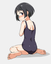 Rule 34 | 10s, 1boy, bad id, bad pixiv id, barefoot, beaver (artist), black hair, blue eyes, blush, boku dake ga inai machi, child, feet, from behind, looking at viewer, looking back, male focus, one-piece swimsuit, school swimsuit, short hair, sitting, soles, solo, sugita hiromi, swimsuit, toes, trap, wariza