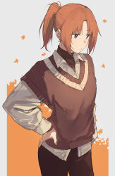 Rule 34 | 1girl, absurdres, black pants, brown hair, brown sweater vest, brown theme, closed mouth, collared shirt, cowboy shot, expressionless, grey background, hair intakes, hand on own hip, hibike! euphonium, highres, limited palette, long sleeves, looking to the side, matarasu (aaaaaaaaj), medium hair, nakagawa natsuki, orange background, orange theme, pants, purple eyes, shirt, side ponytail, sidelocks, sketch, solo, standing, sweater vest, two-tone background, v-neck, white shirt
