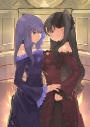 Rule 34 | 2girls, asymmetrical docking, bare shoulders, breast envy, breast press, breasts, brown hair, choker, cleavage, commentary request, dress, evening gown, fate/hollow ataraxia, fate/stay night, fate (series), formal, highres, large breasts, long hair, matou sakura, multiple girls, okazaki takeshi, older edelfelt sister (fate), purple hair, siblings, sisters, smile, strapless, strapless dress, tohsaka rin, two side up, younger edelfelt sister (fate)