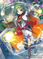 Rule 34 | 1girl, arm up, book, boots, cape, casting spell, commentary request, company connection, copyright name, dress, elbow gloves, energy, fire emblem, fire emblem: thracia 776, fire emblem cipher, flower, full body, garden, gloves, green eyes, green hair, hairband, holding, holding book, kawasumi (japonica), knee boots, magic, nintendo, official art, open mouth, outdoors, short hair, smile, solo, staff, tina (fire emblem), wavy hair, white cape, white dress, white gloves