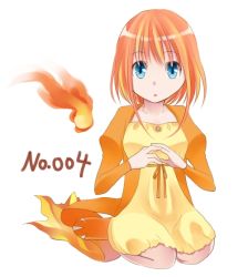Rule 34 | 1girl, :o, bad id, bad pixiv id, blue eyes, charmander, creatures (company), dress, fiery tail, fire, game freak, gen 1 pokemon, long sleeves, looking at viewer, nintendo, orange hair, orange theme, own hands together, personification, pokemon, sasanoha1203, short hair, simple background, sitting, solo, sweater, tail, white background