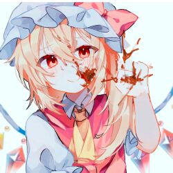 Rule 34 | 1girl, ascot, blonde hair, blood, blood splatter, bow, buttons, chicachang, clenched hand, closed mouth, collared shirt, crystal, flandre scarlet, hair between eyes, hat, hat bow, highres, looking at viewer, mob cap, one side up, puffy short sleeves, puffy sleeves, red bow, red eyes, shirt, short sleeves, sketch, smile, solo, touhou, upper body, white background, white hat, white shirt, wings, yellow ascot