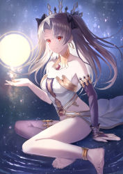 Rule 34 | 1girl, anklet, archer (ishtar), arm support, armlet, asymmetrical gloves, asymmetrical legwear, bare arms, bare legs, bare shoulders, barefoot, black hair, black ribbon, blush, breasts, bridal gauntlets, closed mouth, crown, earrings, elbow gloves, fate/grand order, fate (series), feet, female focus, floating hair, full body, gem, gloves, hair ribbon, holding, hoop earrings, ishtar (fate), jewelry, legs, long hair, magic, medium breasts, neck, neck ring, orb, parted bangs, red eyes, revealing clothes, ribbon, see-through, single elbow glove, single glove, single thighhigh, smile, solo, strapless, thighhighs, thighlet, thighs, toes, tohsaka rin, two side up, type-moon, uneven gloves, uneven legwear, waist cape, water, wet