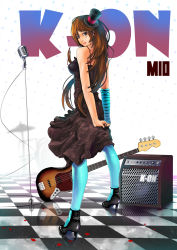 Rule 34 | 1girl, akiyama mio, aqua pantyhose, arms behind back, bad id, bad pixiv id, bass guitar, blue pantyhose, breasts, brown hair, don&#039;t say &quot;lazy&quot;, dress, elbow gloves, female focus, from behind, full body, gloves, guitar, hat, high heels, highres, instrument, k-on!, long hair, looking back, microphone, microphone stand, mini hat, mini top hat, own hands clasped, own hands together, pantyhose, shoes, solo, speaker, standing, top hat, woxiljj
