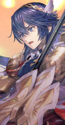 Rule 34 | 1girl, armor, blue eyes, blue gloves, blue hair, fire emblem, fire emblem awakening, fire emblem heroes, fujikawa arika, gloves, hair between eyes, hair ornament, holding, holding polearm, holding shield, holding weapon, long hair, looking away, lucina (brave princess) (fire emblem), lucina (brave princess) (resplendent) (fire emblem), lucina (fire emblem), nintendo, official alternate costume, open mouth, polearm, shield, shoulder armor, solo, spear, tiara, weapon, wing hair ornament