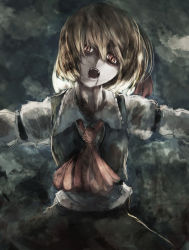 Rule 34 | 1girl, absurdres, ascot, black skirt, black vest, blonde hair, blood, blood from mouth, collared shirt, commentary request, cowboy shot, dark, darkness, fangs, frilled shirt collar, frills, hair between eyes, hair ribbon, head tilt, higasa rin, highres, horror (theme), long sleeves, looking at viewer, muted color, open mouth, outstretched arms, pale skin, red ascot, red eyes, red ribbon, ribbon, rumia, shaded face, shirt, short hair, sketch, skirt, skirt set, slit pupils, solo, spread arms, touhou, vest, white shirt, wind, wing collar