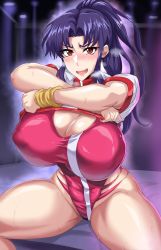 Rule 34 | 1girl, absurdres, blush, breasts, breath, cleavage, cosplay, covered erect nipples, covered navel, earrings, embarrassed, female focus, groin, hands up, heavy breathing, high ponytail, highleg, highleg leotard, highres, huge breasts, jewelry, katsuragi misato, legs, leotard, lifting own clothes, long hair, looking at viewer, neon genesis evangelion, nose blush, open mouth, ponytail, puripuri jet, purple background, purple hair, red eyes, shiny skin, simple background, sitting, smile, solo, sweat, takaya noriko (cosplay), thick thighs, thighs, top wo nerae!, undressing, v-shaped eyebrows, wide hips