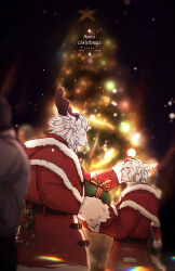 Rule 34 | 2boys, antlers, bara, beard, braid, cat boy, celebration, character request, christmas, christmas tree, ears down, eye contact, facial hair, feet out of frame, final fantasy, final fantasy xiv, full beard, furry, furry male, furry with non-furry, gift, goatee stubble, hat, highres, holding, holding gift, horns, hrothgar, hyur, interspecies, kuyao, lion boy, looking at another, male focus, mature male, multiple boys, outdoors, profile, red headwear, reindeer antlers, santa costume, santa hat, short hair, size difference, smile, stubble, thick eyebrows, warrior of light (ff14), yaoi