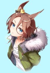 Rule 34 | 1girl, animal ears, blue background, blue eyes, brown hair, closed mouth, coat, cropped torso, fur-trimmed coat, fur trim, glint, green coat, hair between eyes, highres, horse ears, jewelry, kagami (haret46), narita taishin (umamusume), necklace, open clothes, open coat, shirt, short hair, smile, solo, umamusume, upper body, white shirt