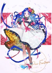 Rule 34 | 1girl, :o, bare shoulders, black neckwear, blue hair, blue ribbon, bow, copyright name, dress, dress bow, fish, flower, forehead jewel, full body, gloves, high heels, highres, holding, holding flower, long hair, looking at viewer, margot (pixiv fanatasia age of starlight), nh0402, pink bow, pixiv fantasia, pixiv fantasia age of starlight, ribbon, simple background, solo, standing, wavy hair, white dress, white gloves