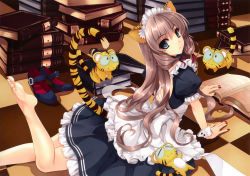 Rule 34 | 1girl, absurdres, animal ears, barefoot, black eyes, book, book stack, brown hair, checkered floor, fake animal ears, feet, highres, kotora (toranoana), looking at viewer, lying, maid headdress, misaki kurehito, nail polish, on stomach, open book, original, parted lips, scan, shoes, unworn shoes, soles, solo, tail, tiger ears, tiger tail, toes, wrist cuffs