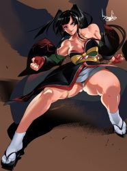 Rule 34 | 1girl, black hair, blunt bangs, bowalia, breasts, bridal gauntlets, cleavage, collarbone, commentary request, dead or alive, dead or alive 5, detached sleeves, fighting stance, floral print, geta, gluteal fold, hair ornament, highres, hime cut, japanese clothes, large breasts, lipstick, long hair, makeup, mole, mole under mouth, muscular, muscular female, nyotengu, obi, overskirt, panties, purple eyes, sash, signature, simple background, smile, solo, strapless, tabi, tengu, thigh strap, underwear, v-shaped eyebrows, white legwear, white panties, wings