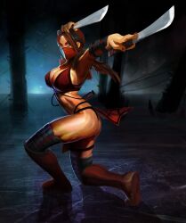 Rule 34 | 1girl, arm guards, armpits, ass, bikini, boots, breasts, cleavage, dual wielding, full body, grey eyes, highres, holding, holding sword, holding weapon, large breasts, looking at viewer, marco nelor, mask, mortal kombat (series), mortal kombat 9, mouth mask, nail polish, ninja, ninja mask, official art, pelvic curtain, ponytail, red bikini, red footwear, red hair, red nails, sheath, shoe soles, short sword, skarlet, solo, swimsuit, sword, tantou, thigh boots, weapon, wind, wind lift