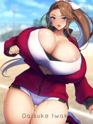 Rule 34 | 1girl, areola slip, blue eyes, blurry, blurry background, bouncing breasts, breasts, brown hair, cameltoe, cleavage, cloud, curvy, day, dutch angle, female focus, huge breasts, jacket, kisuke i, long hair, looking at viewer, open clothes, open jacket, open mouth, outdoors, ponytail, red jacket, running, shiny skin, sky, smile, solo, sports bra, standing, sweat, thick thighs, thigh gap, thighs, wide hips