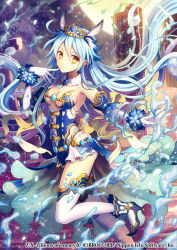 Rule 34 | &gt;:), 1girl, bare shoulders, blue hair, boots, breasts, cleavage, closed mouth, copyright name, elbow gloves, finger to mouth, fur collar, glint, gloves, hair between eyes, high heels, leg up, long hair, ronce, solo, sparkle, thighhighs, tiara, v-shaped eyebrows, very long hair, watermark, white gloves, white thighhighs, yellow eyes, z/x