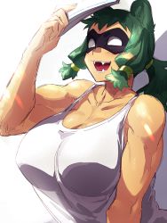 Rule 34 | 1girl, animal ears, bad id, bad twitter id, bare shoulders, biceps, blunt bangs, blush, breasts, collarbone, fangs, green hair, hair rings, highres, holding, large breasts, looking away, low twintails, mask, midou raku, muscular, muscular female, no pupils, open mouth, original, ryanpei, shirt, sidelocks, sleeveless, sleeveless shirt, smile, solo, sunlight, tan, teeth, twintails, white background, white eyes