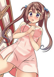 Rule 34 | 10s, 1girl, asagumo (kancolle), bare shoulders, blue eyes, blush, breasts, brown eyes, brown hair, changing room, covered erect nipples, highres, kantai collection, long hair, looking at viewer, naked towel, open mouth, sakuranoyukke, solo, towel, twintails