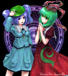 Rule 34 | 2girls, bad id, bad pixiv id, blue eyes, blue hair, bow, breasts, character name, dress, eno (whiskeyne), female focus, frills, front ponytail, green eyes, green hair, hair bow, hair ornament, hair ribbon, hand on own hip, hat, hip focus, kagiyama hina, kawashiro nitori, key, long hair, looking at viewer, multiple girls, open mouth, own hands together, pocket, red dress, ribbon, skirt, small breasts, smile, touhou, twintails, two side up