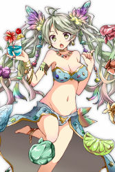 Rule 34 | 10s, 1girl, anklet, antenna hair, apple, armlet, barefoot, bikini, blonde hair, blue bikini, blush, breasts, cleavage, covered erect nipples, crystal, cupping glass, de la fille, earrings, food, fruit, gradient hair, granblue fantasy, grapes, green eyes, green hair, groin, jewelry, leg up, lime (fruit), long hair, matching hair/eyes, multicolored hair, navel, open mouth, pink hair, showgirl skirt, solo, strapless, swimsuit, twintails, wansuro