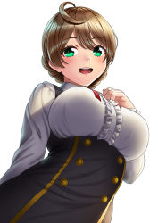 Rule 34 | 1girl, :d, ahoge, blush, braid, breasts, brown hair, buttons, center frills, commentary request, frilled sleeves, frills, green eyes, idolmaster, idolmaster million live!, large breasts, lips, long sleeves, looking at viewer, open mouth, sakuramori kaori, simple background, smile, solo, teeth, unowen, upper body, upper teeth only, white background