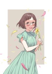 Rule 34 | 1girl, :d, absurdres, brown background, brown eyes, brown hair, commentary, commission, dress, english commentary, flower, glasses, green dress, highres, holding, holding flower, mimi (ricky barnes), open mouth, original, petals, sato (99yen kin&#039;itsu), short hair, short sleeves, skeb commission, smile, solo, standing, two-tone background, white background