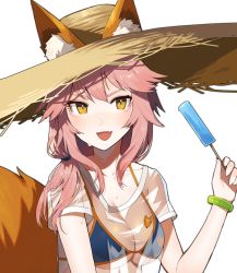 Rule 34 | :d, animal ears, bikini, bikini top only, blue bikini, bracelet, breasts, collarbone, commentary request, ears through headwear, fang, fate/grand order, fate (series), food, fox ears, fox print, fox tail, hat, highres, holding, holding food, jewelry, large breasts, looking at viewer, open mouth, pink hair, popsicle, see-through, shiba inu (happy13227), shirt, side ponytail, simple background, smile, solo, straw hat, sweat, swimsuit, t-shirt, tail, tamamo (fate), tamamo no mae (fate/extra), tamamo no mae (swimsuit lancer) (fate), tamamo no mae (swimsuit lancer) (second ascension) (fate), thick eyebrows, tsurime, upper body, white background, yellow eyes
