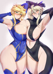 Rule 34 | 2girls, areola slip, armpits, arms up, artoria pendragon (fate), artoria pendragon (lancer) (fate), artoria pendragon (lancer alter) (fate), black bodysuit, blonde hair, blue gloves, blue leotard, blue thighhighs, blush, bodysuit, breast press, closed mouth, commentary request, covered erect nipples, covered navel, cowboy shot, elbow gloves, fate/grand order, fate (series), gloves, grey background, grey hair, hair between eyes, highleg, highleg leotard, highres, kumakichi (cost-lost), leotard, medium hair, multiple girls, sidelocks, simple background, smile, symmetrical docking, thighhighs, thighs