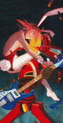 Rule 34 | 00s, 1girl, animal ears, breasts, brown eyes, canti, crystal earrings, detached collar, earrings, electric guitar, fake animal ears, fake tail, flcl, guitar, hair over one eye, hairband, haruhara haruko, high heels, highres, instrument, jewelry, nail polish, nicetoart, orange hair, painting (medium), playboy bunny, rabbit ears, rabbit tail, red nails, robot, rock, shoe dangle, sideboob, smile, tail, torn clothes, traditional media, watercolor (medium)