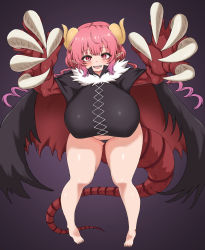 Rule 34 | animal hands, barefoot, black panties, breasts, breath weapon, breathing fire, cape, commentary request, dragon claw, dragon horns, fire, highres, horns, huge breasts, ilulu (maidragon), kobayashi-san chi no maidragon, open mouth, panties, pointy ears, red eyes, sharp teeth, sho (wnmf3234), slit pupils, solo, tail, teeth, thighs, underwear