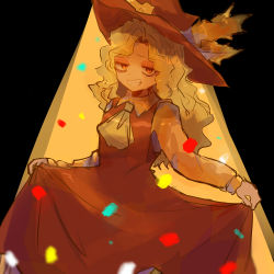 Rule 34 | 1girl, artist request, bad id, bad twitter id, black dress, blonde hair, dolls in pseudo paradise, dress, hat feather, highres, jacket girl (dipp), long dress, long hair, looking at viewer, smile, smirk, solo, touhou, very long hair, wavy hair
