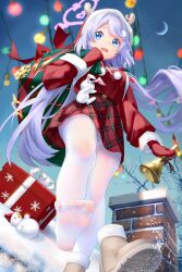 Rule 34 | 1girl, absurdres, bag, bare tree, bell, blue archive, blue eyes, blue hair, boots, box, breasts, brown footwear, chimney, christmas lights, commentary, day, feet, floating hair, foot out of frame, foreshortening, from below, frown, fur-trimmed sleeves, fur trim, gift, gift bag, gift box, gloves, hair intakes, hair ornament, halo, hanae (blue archive), hanae (christmas) (blue archive), hand up, hat, heart, heart hair ornament, heart halo, highres, holding, holding bag, holding bell, lawsky, long hair, long sleeves, looking at viewer, looking down, low twintails, medium breasts, miniskirt, night, no shoes, official alternate costume, on roof, open mouth, outdoors, pantyhose, pink halo, plaid, plaid skirt, pom pom (clothes), red skirt, santa costume, santa gloves, santa hat, skirt, snow, snowflake print, snowman, soles, solo, standing, standing on one leg, swept bangs, symbol-only commentary, thighband pantyhose, toes, tree, twintails, unworn boots, very long hair, white pantyhose, winter