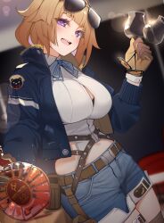 Rule 34 | 1girl, alcohol, belt, black bra, blue shorts, blunt bangs, blurry, blurry background, blush, bow, bowtie, bra, bra peek, brand name imitation, breasts, brown gloves, brown hair, collared shirt, commission, cup, drinking glass, eyewear on head, girls&#039; frontline, gloves, grizzly mkv (girls&#039; frontline), highres, indoors, large breasts, looking at viewer, open mouth, pouch, purple eyes, remy martin, ribbon, shirt, short hair, short shorts, shorts, skeb commission, smile, solo, sunglasses, thighhighs, underwear, warashi, white shirt, wine glass