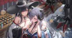 Rule 34 | 2girls, adjusting hair, august von parseval (azur lane), azur lane, bare shoulders, black hair, black headwear, black horns, black kimono, blue kimono, breasts, cleavage, commentary request, curled horns, dragon, dragon girl, dragon horns, duplicate, food, hair over one eye, highres, horns, japanese clothes, jewelry, kimono, large breasts, licking, lips, manjuu (azur lane), mechanical horns, mechanical legs, multiple girls, nail polish, necklace, non-humanoid robot, official alternate costume, one eye covered, outdoors, peter strasser (azur lane), peter strasser (chronos&#039;s kalendae) (azur lane), pixel-perfect duplicate, purple eyes, red eyes, rhasta, robot, robot dragon, sexually suggestive, yuri