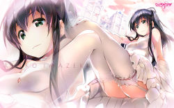 Rule 34 | 1girl, ahoge, akata itsuki, arm at side, ass, bare shoulders, black hair, breasts, character name, closed mouth, cloud, cloudy sky, collarbone, copyright name, crossed legs, dress, earrings, elbow gloves, frilled thighhighs, frills, garter straps, gloves, green eyes, hair between eyes, hand on own knee, highres, imazeki rinko, jewelry, kokoro rista!, leg ribbon, legs, long hair, looking at viewer, medium breasts, necklace, petals, pink lips, red ribbon, ribbon, rinko imazeki, sitting, sky, smile, solo, strapless, strapless dress, stud earrings, thigh ribbon, thighhighs, wedding dress, white dress, white thighhighs