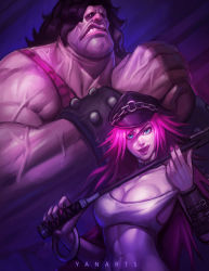Rule 34 | 1boy, 1girl, :q, ;q, absurdres, blue eyes, bracelet, breasts, capcom, eric yan, final fight, hat, highres, hugo andore, jewelry, large breasts, licking lips, long hair, looking at viewer, one eye closed, peaked cap, pink hair, poison (final fight), riding crop, size difference, smile, tongue, tongue out