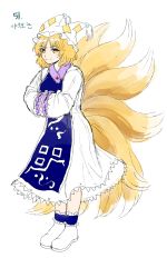 Rule 34 | 1girl, absurdres, animal hat, blonde hair, blue tabard, closed mouth, commentary request, derivative work, dress, fox tail, frilled dress, frills, full body, hands in opposite sleeves, happy, hat, highres, korean commentary, kuya (hey36253625), looking back, mob cap, multiple tails, mob cap, short hair, simple background, smile, standing, tabard, tail, tassel, touhou, translation request, white background, white dress, white footwear, yakumo ran, yellow eyes