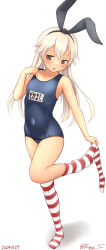 Rule 34 | 1girl, alternate costume, blonde hair, collarbone, dated, full body, hairband, kantai collection, long hair, looking at viewer, ray.s, school swimsuit, shimakaze (kancolle), signature, simple background, solo, standing, standing on one leg, striped clothes, striped thighhighs, swimsuit, thighhighs, twitter username, white background