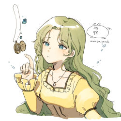 Rule 34 | 1girl, :t, artist logo, artist name, blue eyes, closed mouth, collarbone, commentary, dress, frilled sleeves, frills, green hair, highres, jewelry, long hair, long sleeves, mole, mole under eye, necklace, original, pout, simple background, sleeves past wrists, solo, symbol-only commentary, wandu mook, water drop, white background, yellow dress