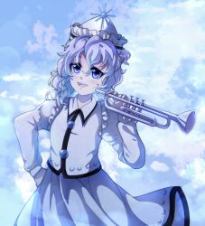 Rule 34 | 1girl, absurdres, blue eyes, blue hair, highres, instrument, merlin prismriver, solo, tagme, touhou, trumpet