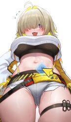 Rule 34 | 1girl, absurdres, ahoge, belt, belt pouch, black shirt, blonde hair, blush, breasts, colored inner hair, cowboy shot, crop top, crop top overhang, cursor, elegg (nikke), exposed pocket, fang, from below, gluteal fold, goddess of victory: nikke, grey shorts, hair over eyes, hand on own hip, highres, large breasts, long sleeves, looking at viewer, looking down, micro shorts, midriff, multicolored hair, navel, open mouth, pouch, puffy long sleeves, puffy sleeves, purple eyes, shirt, short hair, short shorts, shorts, simple background, skindentation, smile, solo, standing, stomach, suisen (suisenhwa), suspenders, sweat, thigh strap, thighs, torn clothes, torn shorts, underboob, undershirt, white background, white shirt