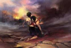 Rule 34 | barefoot, black hair, blood, brother, brothers, death, falling, family, hat, jewelry, kneeling, male focus, marineford, monkey d. luffy, multiple boys, necklace, one piece, outdoors, portgas d. ace, red vest, ruins, scenery, ship, topless male, shorts, siblings, smoke, straw hat, watercraft, wide-eyed