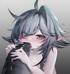 Rule 34 | 1girl, absurdres, areola slip, arknights, blush, braid, breasts, collarbone, crocodilian tail, ear blush, eyes visible through hair, fellatio, green hair, grey background, grey hair, hair over one eye, handjob gesture, hands up, highres, looking at viewer, messy hair, multicolored hair, nude, open mouth, oral, pasties, pointy ears, qinshi-ji, saliva, short hair, simple background, simulated fellatio, small breasts, solo, streaked hair, tail, tail in mouth, tearing up, tomimi (arknights), tongue, tongue out, upper body, yellow eyes